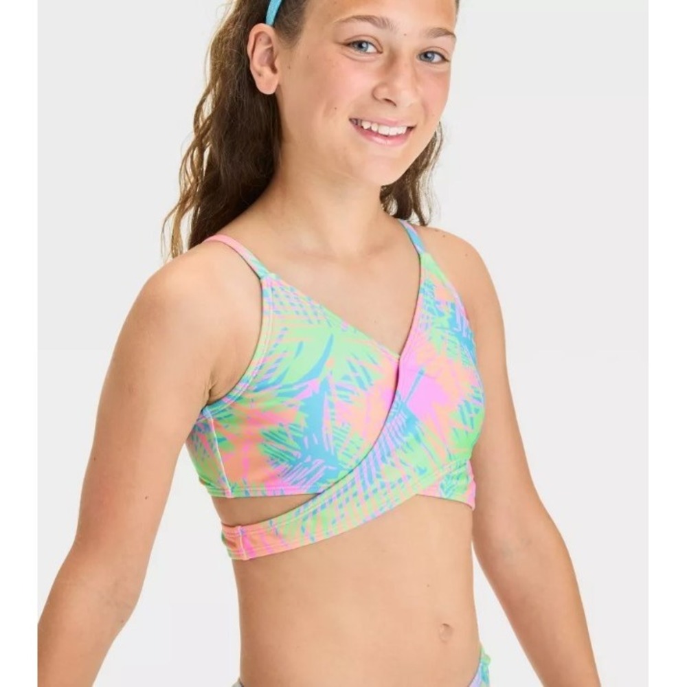 Art Class Girls Palm Leaf Print Wrap Bikini Top Swimsuit XL 14 Rainbow Neon